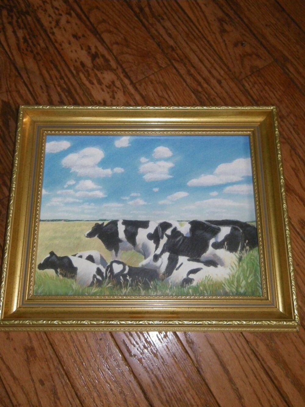Vintage Dairy Cows in Pasture Hand Drawn Framed Picture